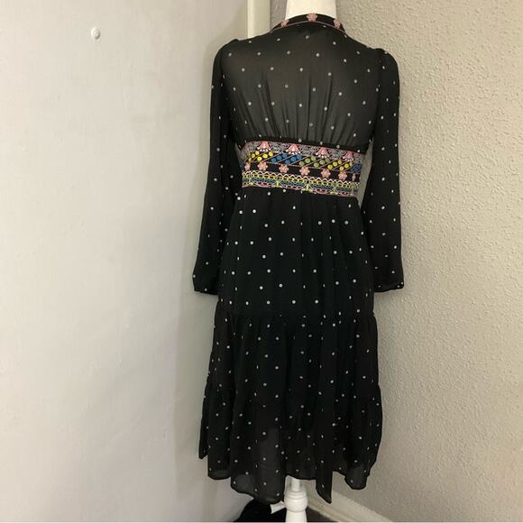 Aly Daly Black Polka Dot Embroidered Boho Peasant Sheer Lined Dress M Cottage - Picture 2 of 13